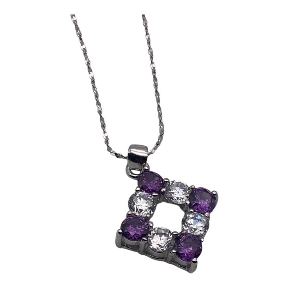 925 Sterling Silver‎ 18" Necklace With Purple & Clear CZ Diamond Shaped Pendant